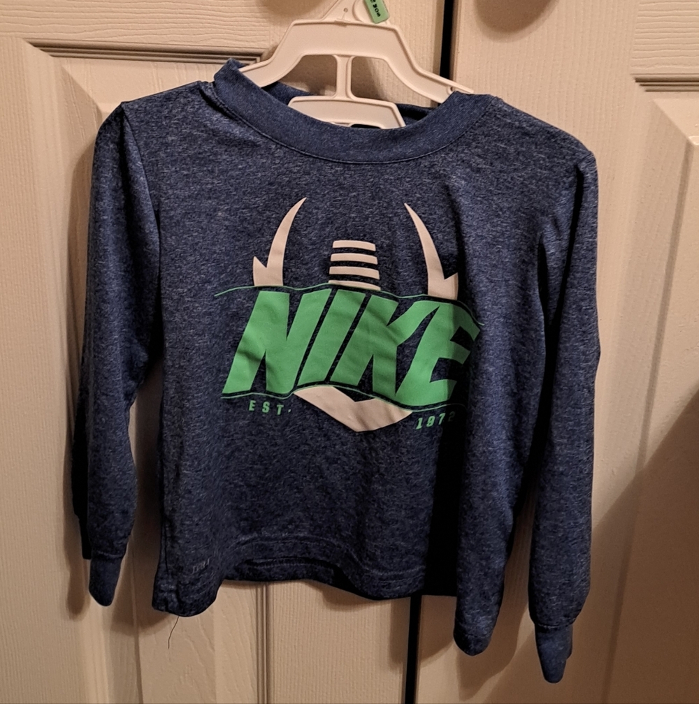 Nike Kids' Blue Long Sleeve Tee with Neon Green Logo, good preloved condition